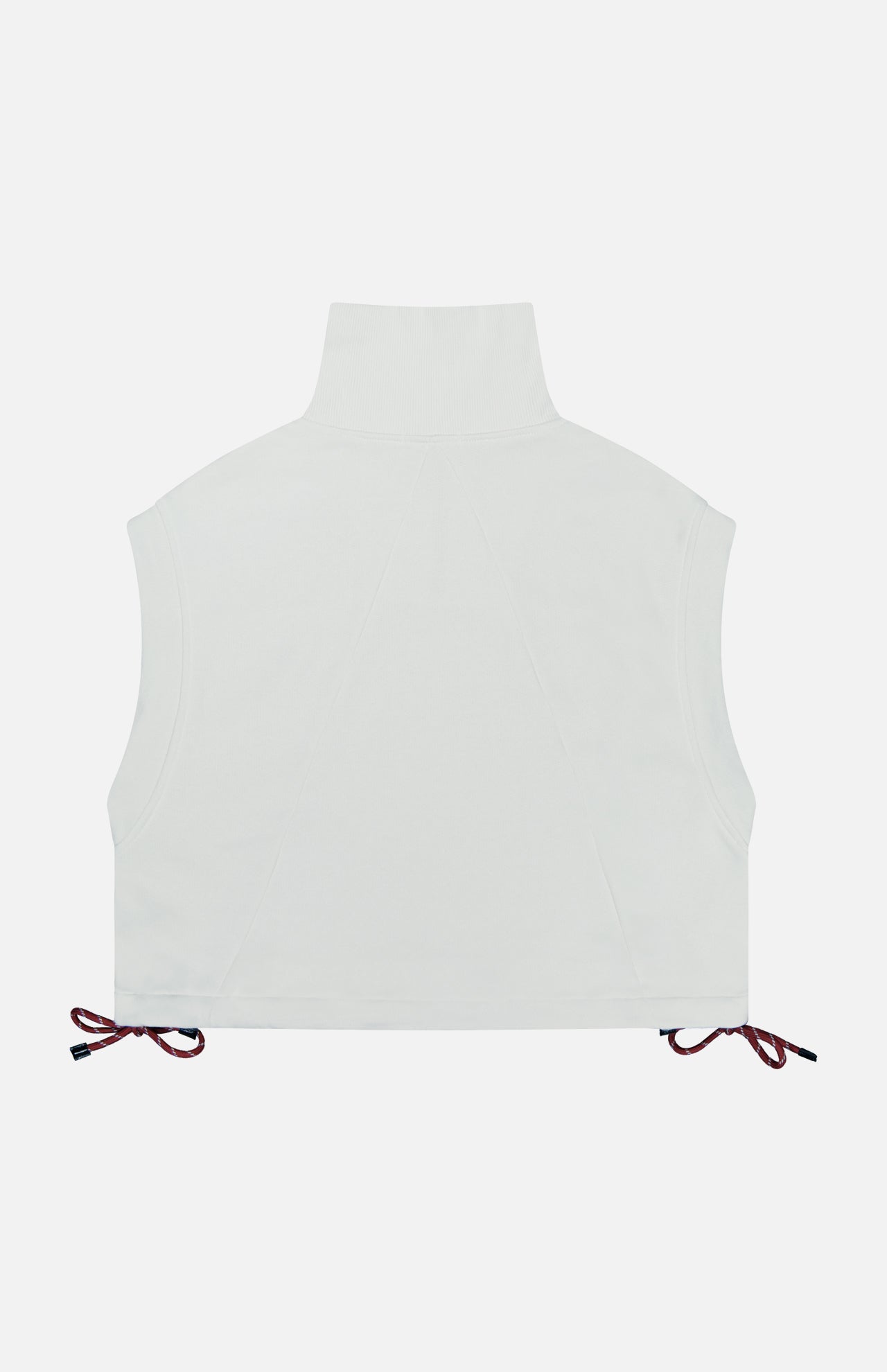 The RAG & BONE Vintage Terry Half Zip Muscle Tank Top is a white, sleeveless crop with a high neckline and side drawstrings tied in bows, shown against a plain white background.