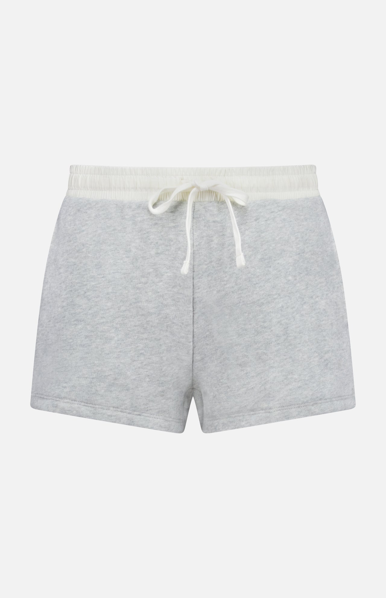 The Vintage Terry Mix Media Sweatshort by RAG & BONE features light gray cotton-blend fabric, a white elastic waistband with drawstring, and is ideal for everyday casual wear. Shown against a plain white background.