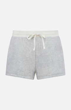 The Vintage Terry Mix Media Sweatshort by RAG & BONE features light gray cotton-blend fabric, a white elastic waistband with drawstring, and is ideal for everyday casual wear. Shown against a plain white background.