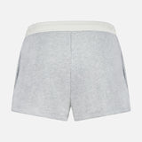 The RAG & BONE Vintage Terry Mix Media Sweatshort features a light gray cotton-blend, white elastic waistband, and side pockets. Viewed from the back against a white background, these shorts offer a simple design ideal for travel or everyday wear.