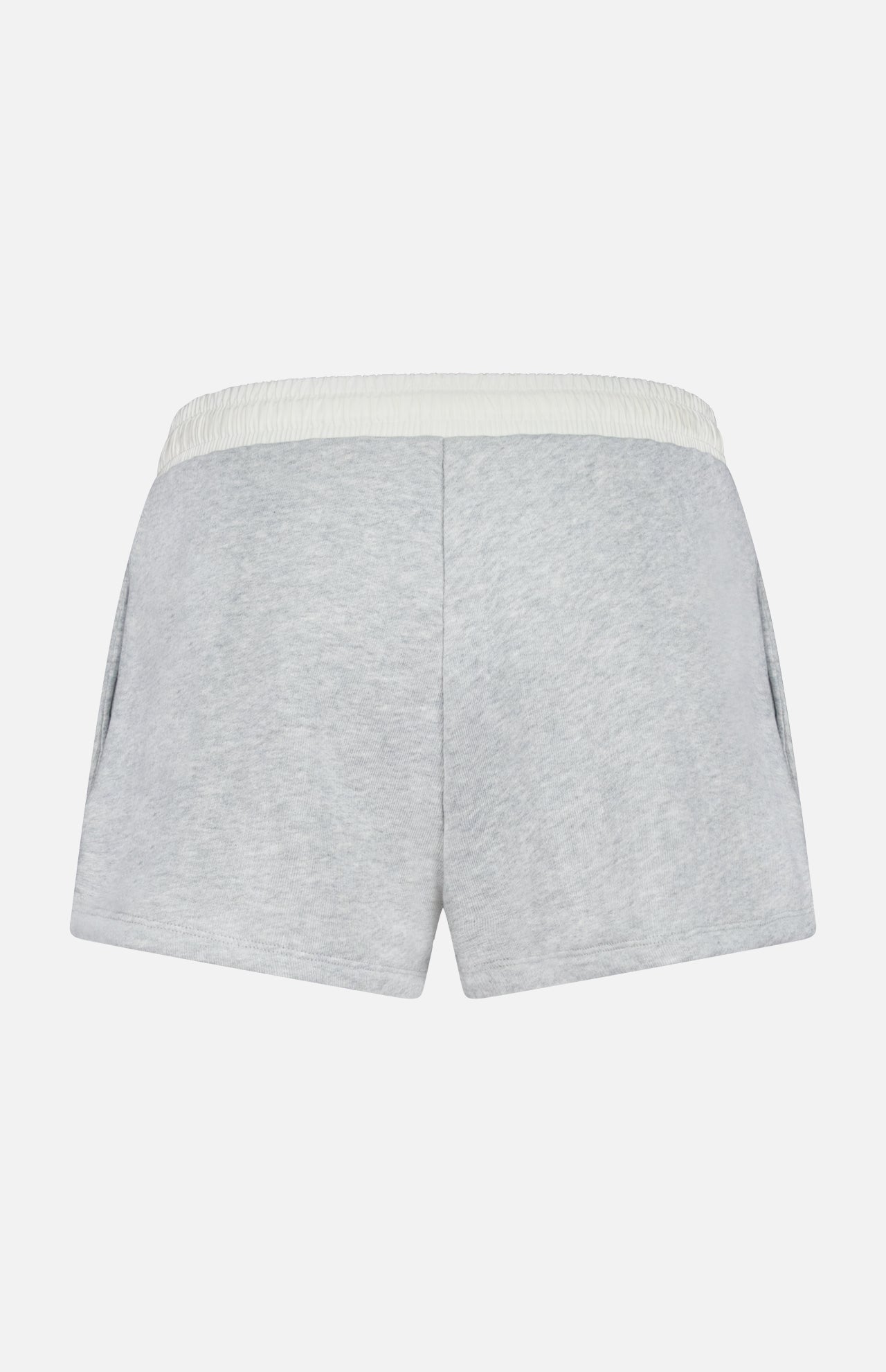 The RAG & BONE Vintage Terry Mix Media Sweatshort features a light gray cotton-blend, white elastic waistband, and side pockets. Viewed from the back against a white background, these shorts offer a simple design ideal for travel or everyday wear.