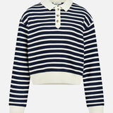 RAG & BONE Vintage Terry Striped Polo Sweatshirt in navy blue and white with a white collar, button placket, and white cuffs, shown on a plain white background for a sporty preppy vibe.