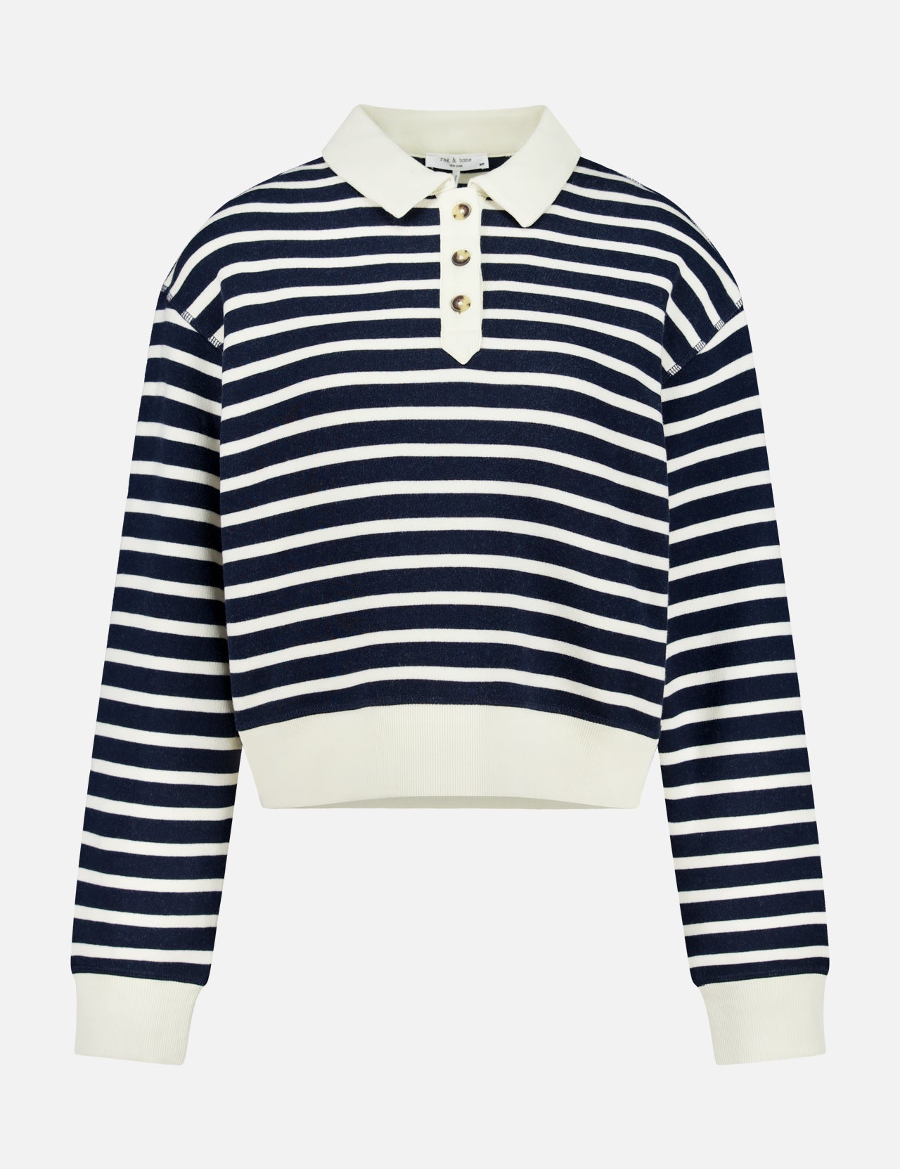 RAG & BONE Vintage Terry Striped Polo Sweatshirt in navy blue and white with a white collar, button placket, and white cuffs, shown on a plain white background for a sporty preppy vibe.