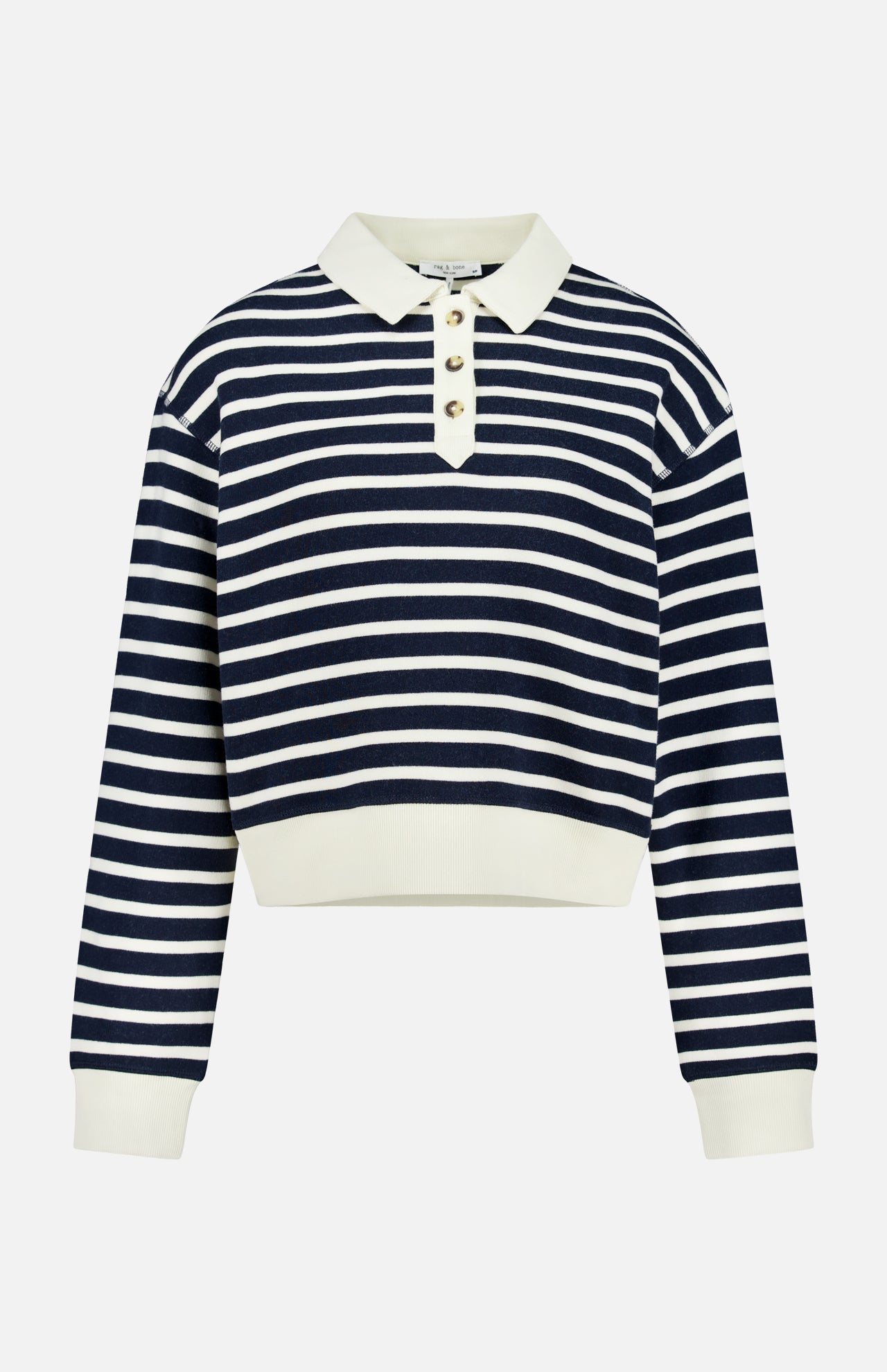 RAG & BONE Vintage Terry Striped Polo Sweatshirt in navy blue and white with a white collar, button placket, and white cuffs, shown on a plain white background for a sporty preppy vibe.