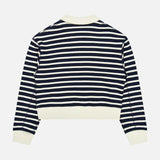 The Vintage Terry Striped Polo Sweatshirt by RAG & BONE features navy blue and white horizontal stripes with sporty preppy white cuffs, waistband, and collar, shown from the back.