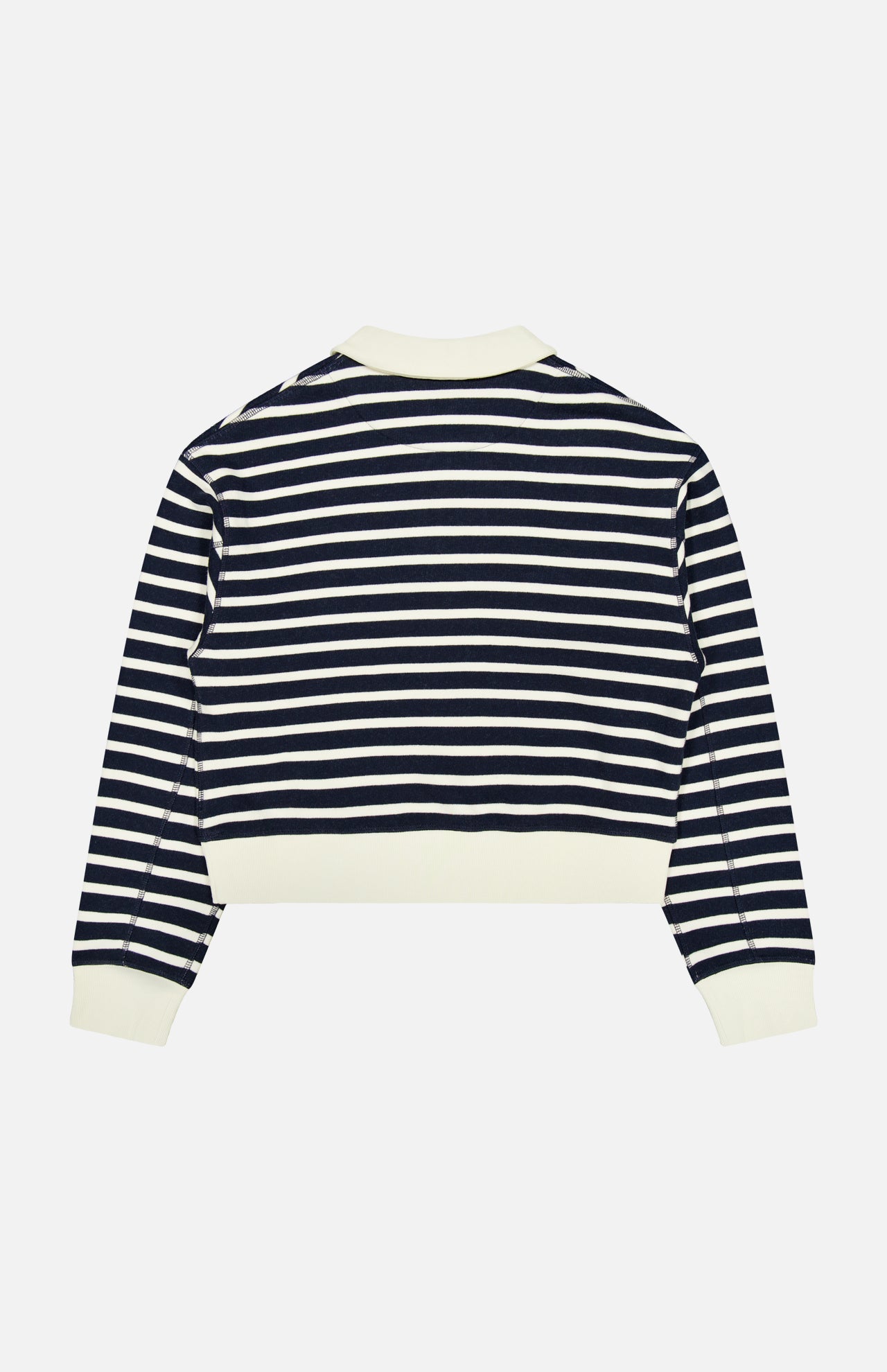 The Vintage Terry Striped Polo Sweatshirt by RAG & BONE features navy blue and white horizontal stripes with sporty preppy white cuffs, waistband, and collar, shown from the back.