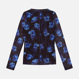 The RAG & BONE Yana Printed Mesh Long Sleeve T-shirt is a semi-sheer black top with blue floral patterns, made from stretch mesh and shown flat against a light gray background, highlighting the back design.