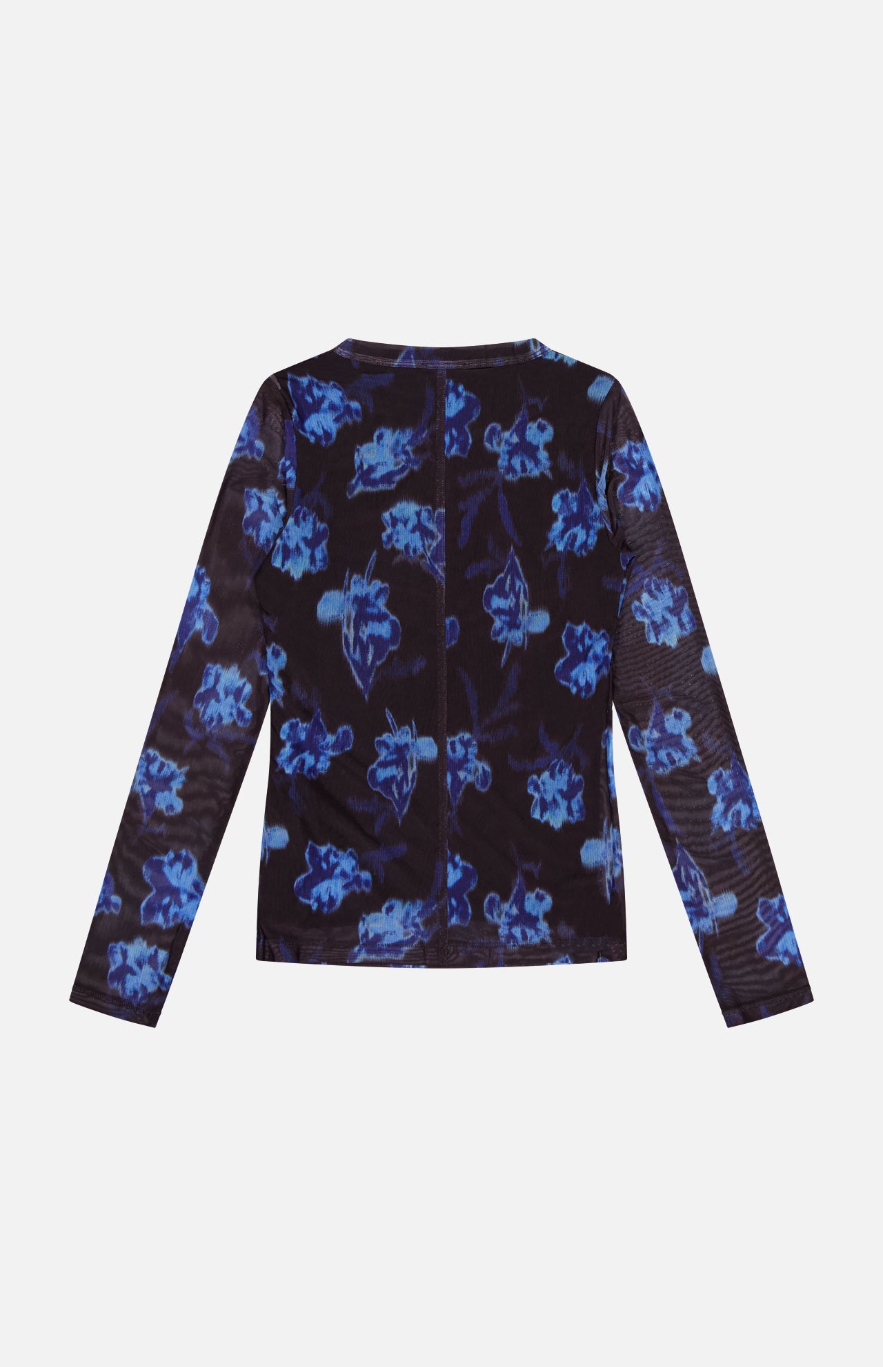 The RAG & BONE Yana Printed Mesh Long Sleeve T-shirt is a semi-sheer black top with blue floral patterns, made from stretch mesh and shown flat against a light gray background, highlighting the back design.