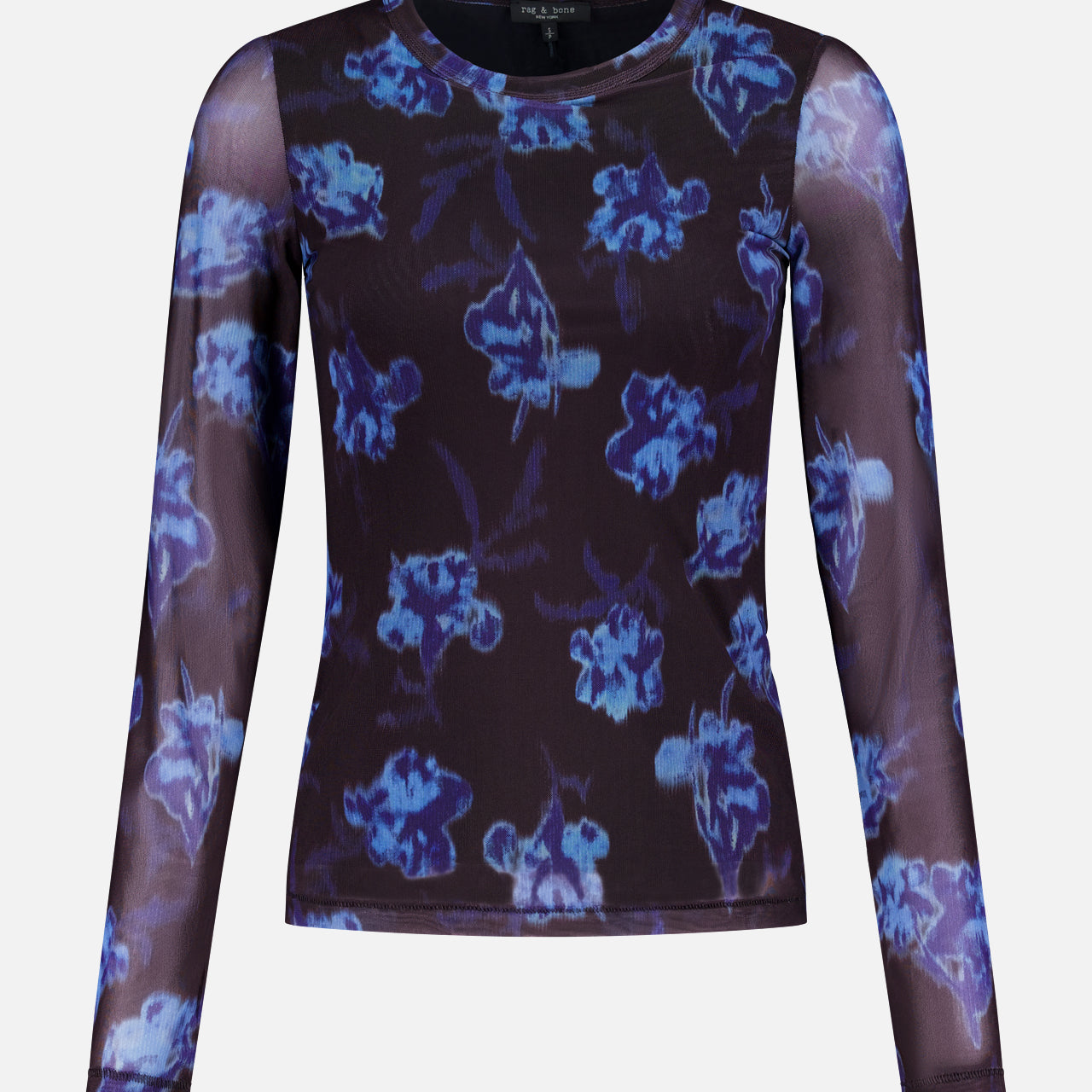 The RAG & BONE Yana Printed Mesh Long Sleeve T-shirt is a fitted, semi-sheer stretch top with blue and purple floral designs on a dark background.