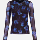 The RAG & BONE Yana Printed Mesh Long Sleeve T-shirt is a fitted, semi-sheer stretch top with blue and purple floral designs on a dark background.