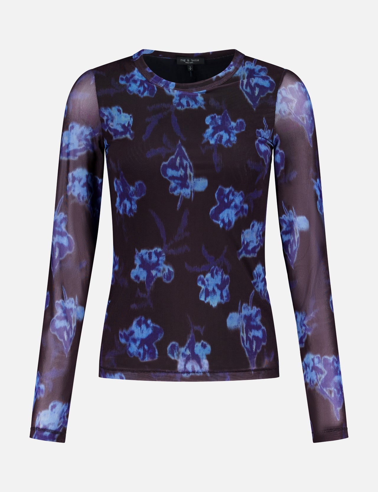 The RAG & BONE Yana Printed Mesh Long Sleeve T-shirt is a fitted, semi-sheer stretch top with blue and purple floral designs on a dark background.