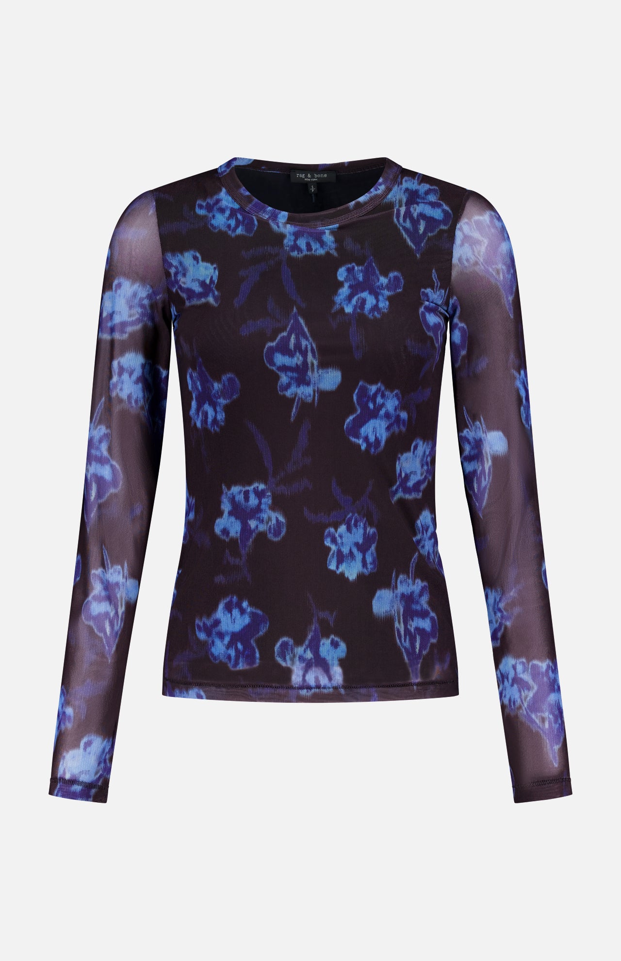 The RAG & BONE Yana Printed Mesh Long Sleeve T-shirt is a fitted, semi-sheer stretch top with blue and purple floral designs on a dark background.