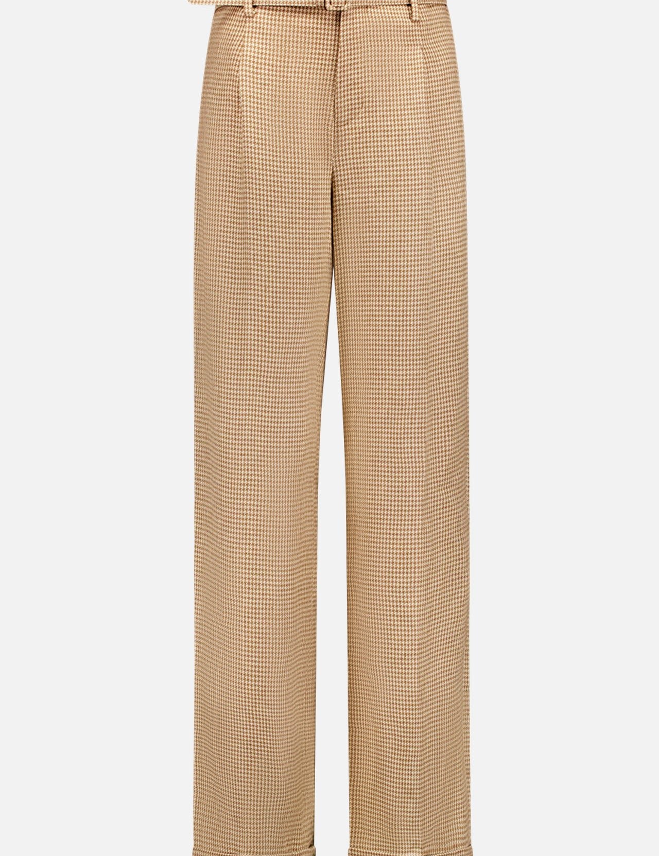 The Acklie Pant by RALPH LAUREN COLLECTION features a high-waisted, straight-leg silhouette in brown and beige houndstooth with side pockets, cuffed hems, and a matching fabric belt for classic style.