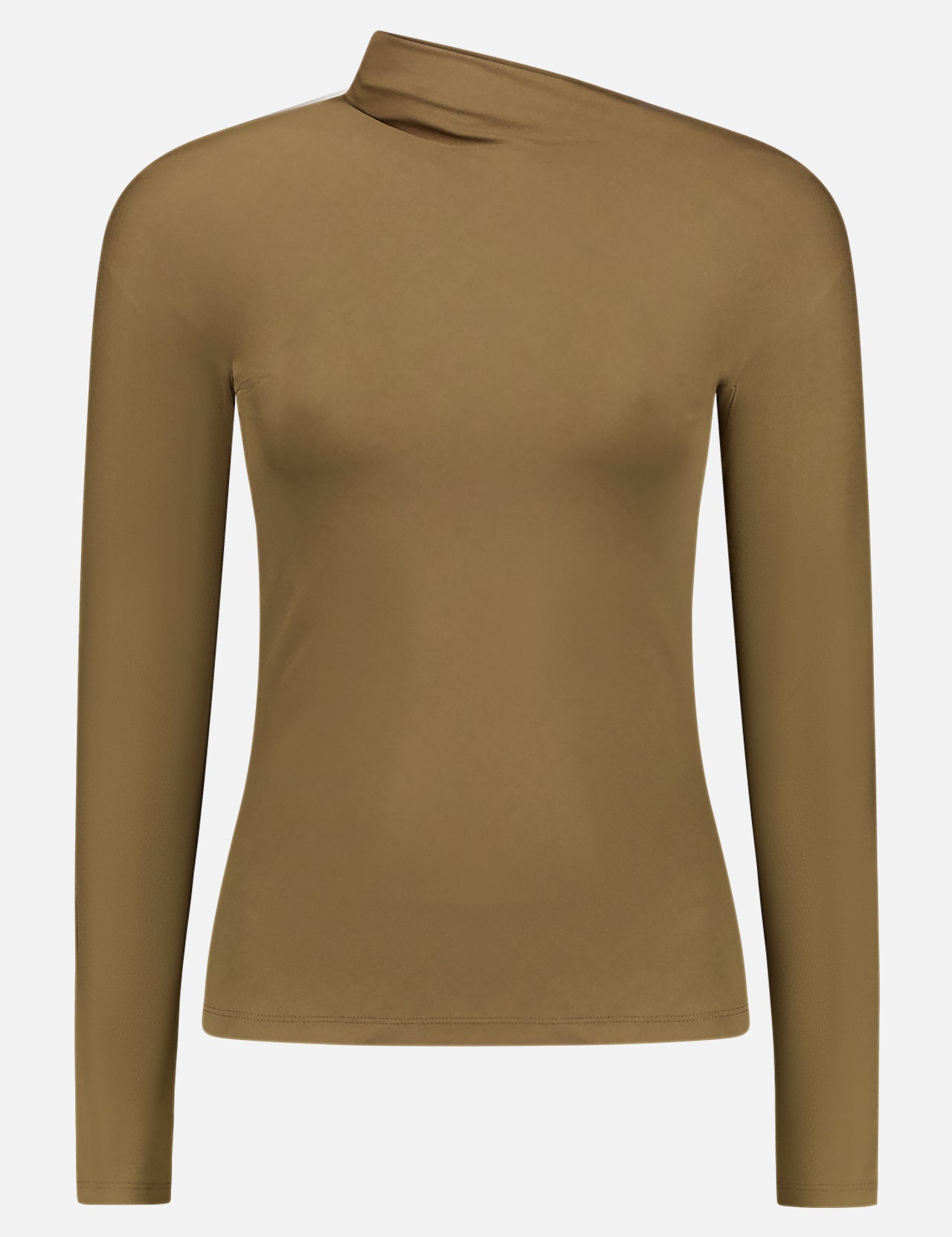 The RALPH LAUREN COLLECTION Asymmetrical Knit Top is a light brown, long-sleeve fitted piece in lightweight sheer jersey with an off-the-shoulder neckline, shown on a white background.
