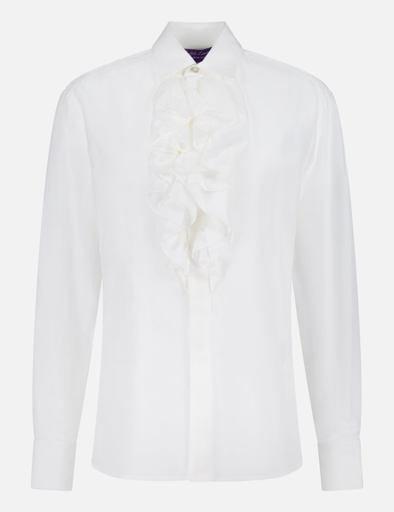 The Abbie Long Sleeve Blouse by RALPH LAUREN COLLECTION is a white cotton broadcloth shirt with a ruffled front, classic collar, and buttoned cuffs, shown on a plain white background.