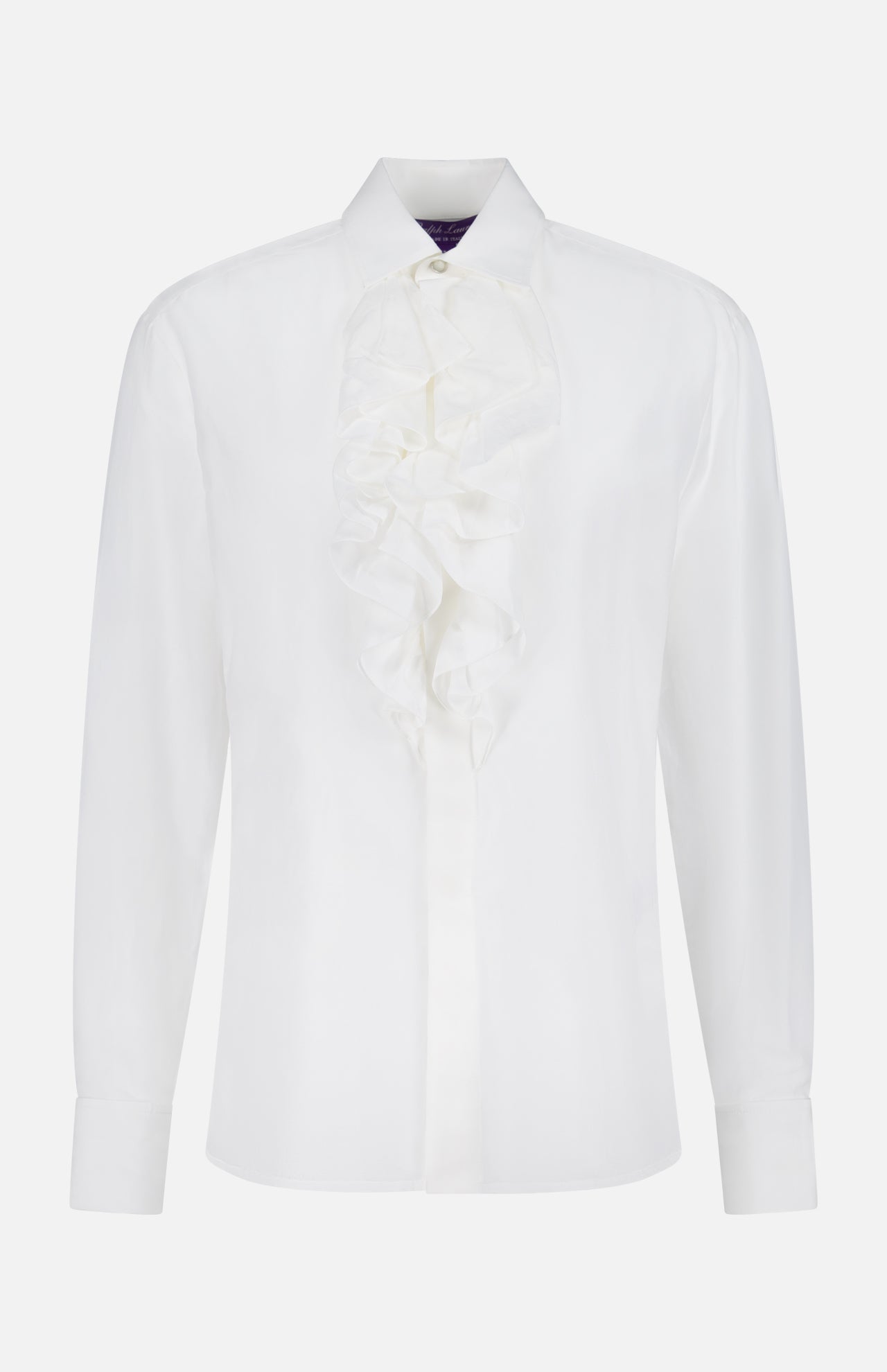 Off-white, long-sleeve RALPH LAUREN COLLECTION Soft Voice Long Sleeve Button Down Shirt in a cotton silk blend with a ruffled placket.