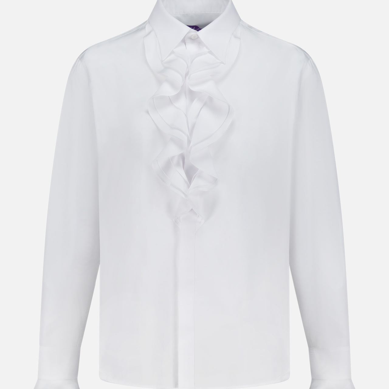 The Addison Button Front Shirt by RALPH LAUREN COLLECTION is a white, Italian-made cotton broadcloth shirt with long sleeves, a classic collar, ruffle trim front, buttoned cuffs, and a smooth tailored finish.