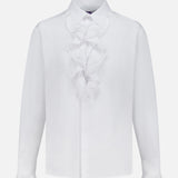 The Addison Button Front Shirt by RALPH LAUREN COLLECTION is a white, Italian-made cotton broadcloth shirt with long sleeves, a classic collar, ruffle trim front, buttoned cuffs, and a smooth tailored finish.