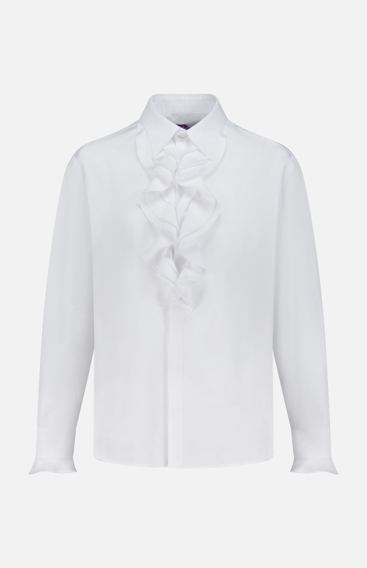 The Addison Button Front Shirt by RALPH LAUREN COLLECTION is a white, Italian-made cotton broadcloth shirt with long sleeves, a classic collar, ruffle trim front, buttoned cuffs, and a smooth tailored finish.