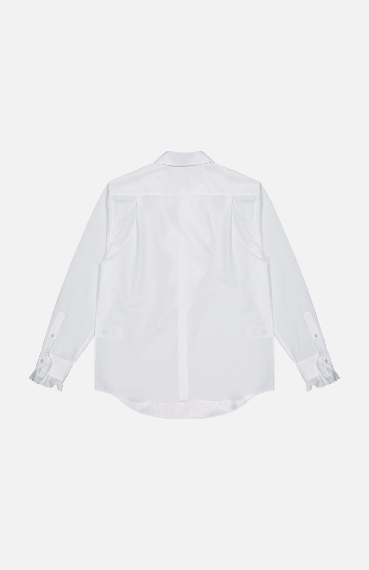 Back view of the Addison Button Front Shirt by RALPH LAUREN COLLECTION—Italian-made white cotton broadcloth with long sleeves, buttoned cuffs, classic collar, and a subtly curved hem, laid flat on a white background.