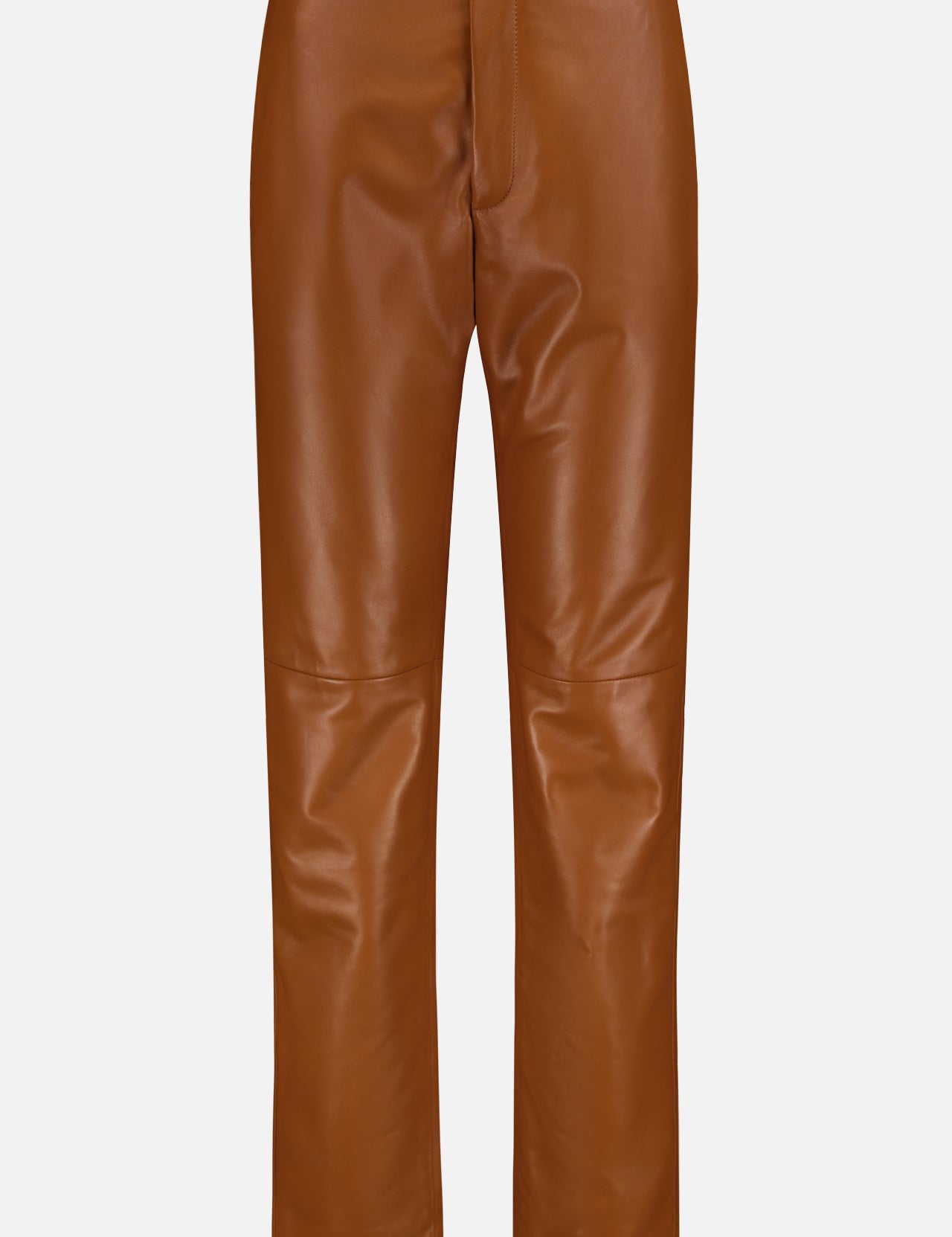 The Benjamen Full Length Flat Front Pant by RALPH LAUREN COLLECTION is a pair of high-waisted, straight-leg tan leather pants in soft nappa lambskin, displayed against a plain white background.