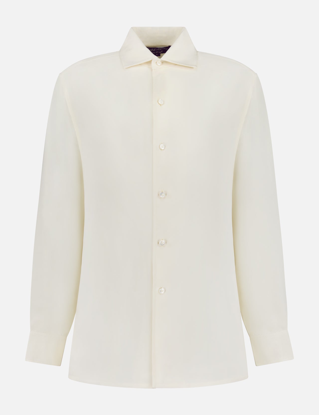 The RALPH LAUREN COLLECTION Capri Long Sleeve Button Front Shirt is a cream silk blouse with a classic collar, shown against a white background. This lightweight top embodies timeless style and understated elegance.