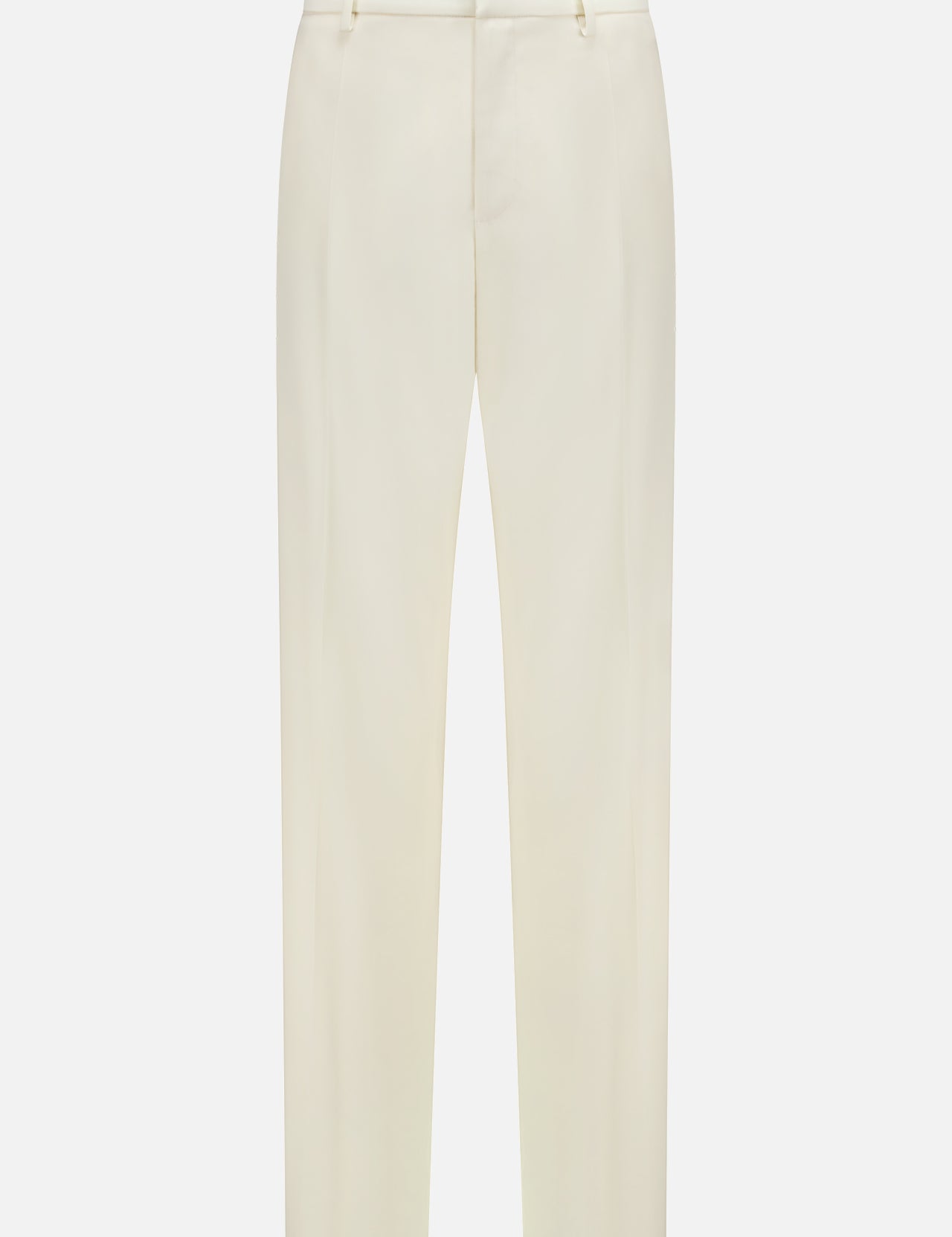 The RALPH LAUREN COLLECTION Corrine Full Length Flat Front Pant features pure wool in off-white, with a high-waisted, straight-leg design, belt loops, side pockets, and a sharp front crease—shown on a plain white background.