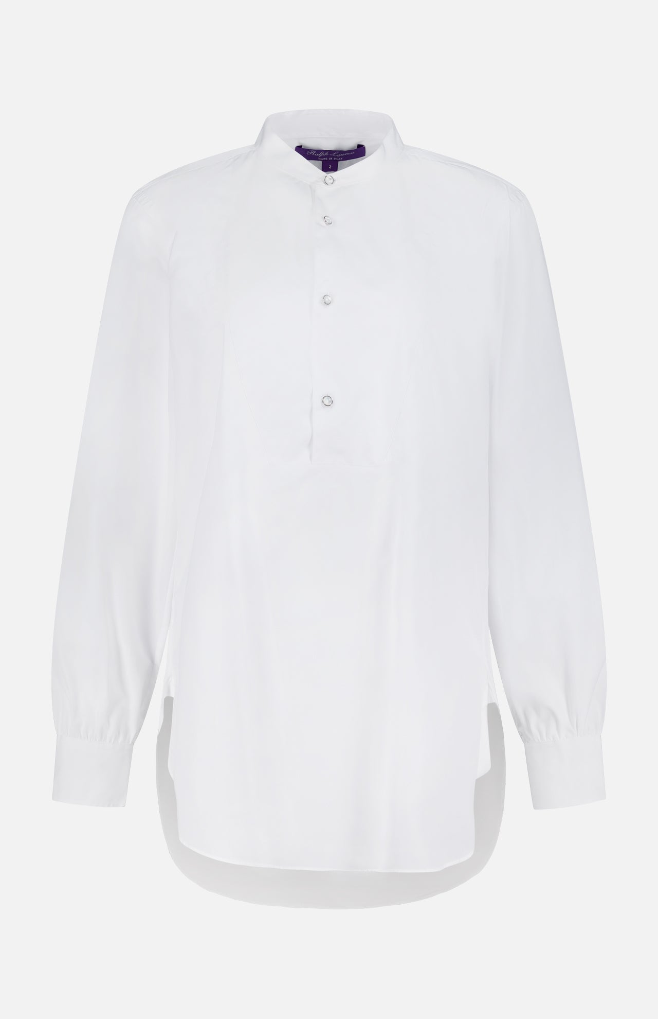 RALPH LAUREN COLLECTION Abbie Long Sleeve Blouse, a white cotton tunic with a band collar, partial button placket, and Mother of Pearl buttons.