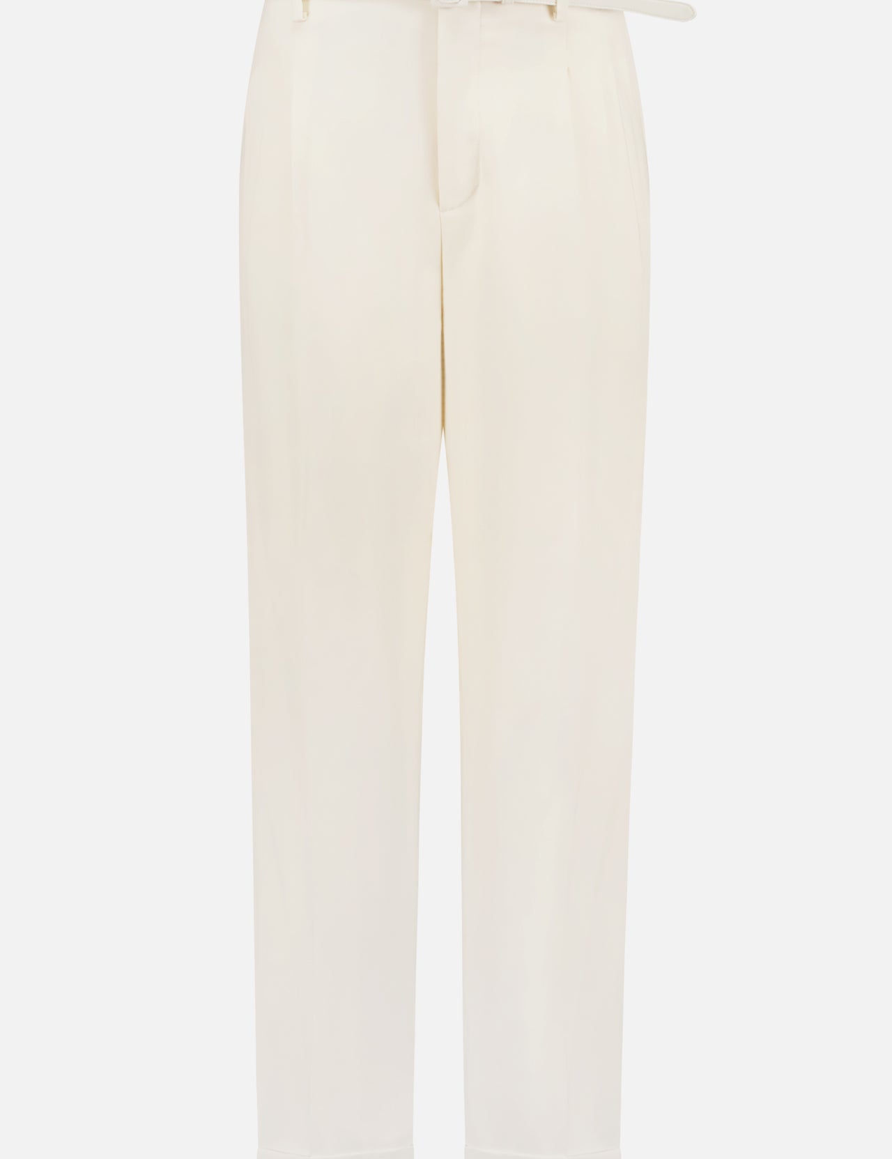 The Stamford Pleated Trouser Pant by RALPH LAUREN COLLECTION features cream wool crepe, a slim belt, straight legs, cuffed hems, and subtle waist pleats—an elegant women's pant shown on a plain white background.