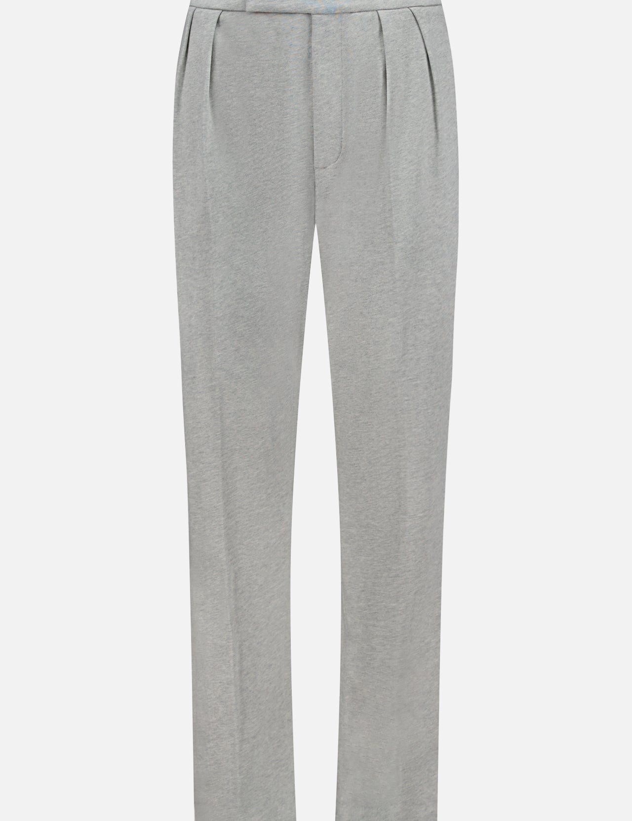 The RALPH LAUREN COLLECTION Tailored Ankle Pleated Pant features a slim-straight fit, front pleats, and a belted waistband in light gray, shown against a plain white background.
