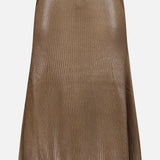 The Adrianna Silk Skirt by RALPH LAUREN COLLECTION is an A-line brown skirt featuring a subtle vertical ribbed texture and a slight lacquer sheen, shown against a white background.