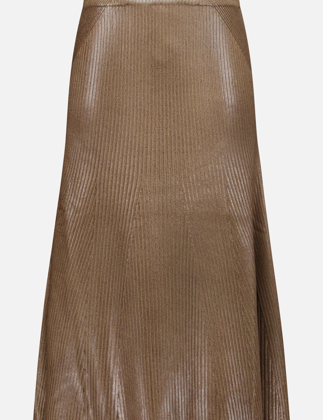 The Adrianna Silk Skirt by RALPH LAUREN COLLECTION is an A-line brown skirt featuring a subtle vertical ribbed texture and a slight lacquer sheen, shown against a white background.
