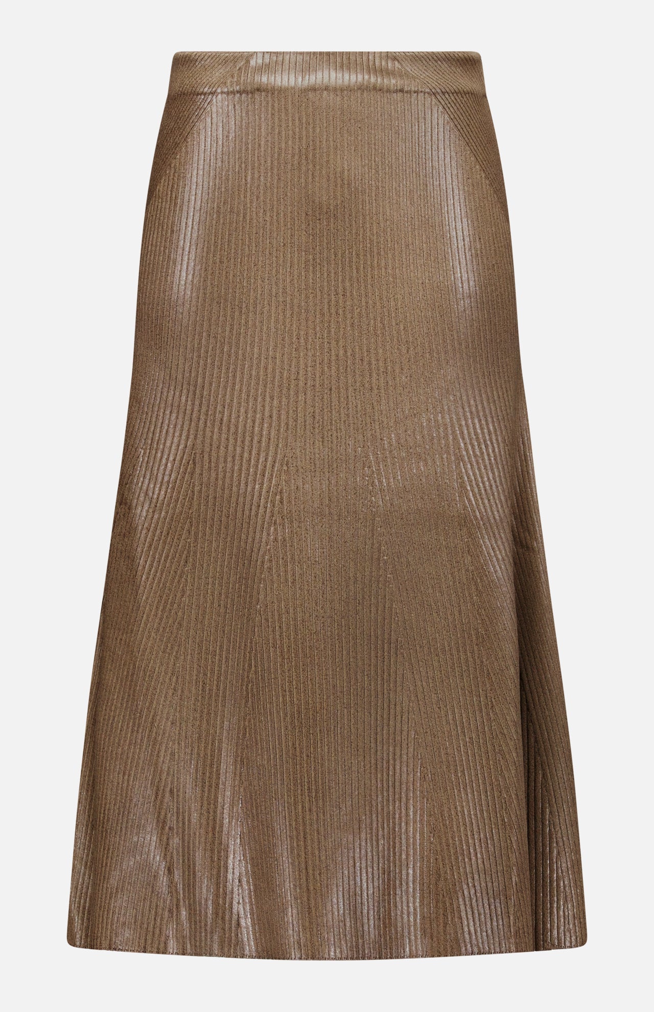 The Adrianna Silk Skirt by RALPH LAUREN COLLECTION is an A-line brown skirt featuring a subtle vertical ribbed texture and a slight lacquer sheen, shown against a white background.