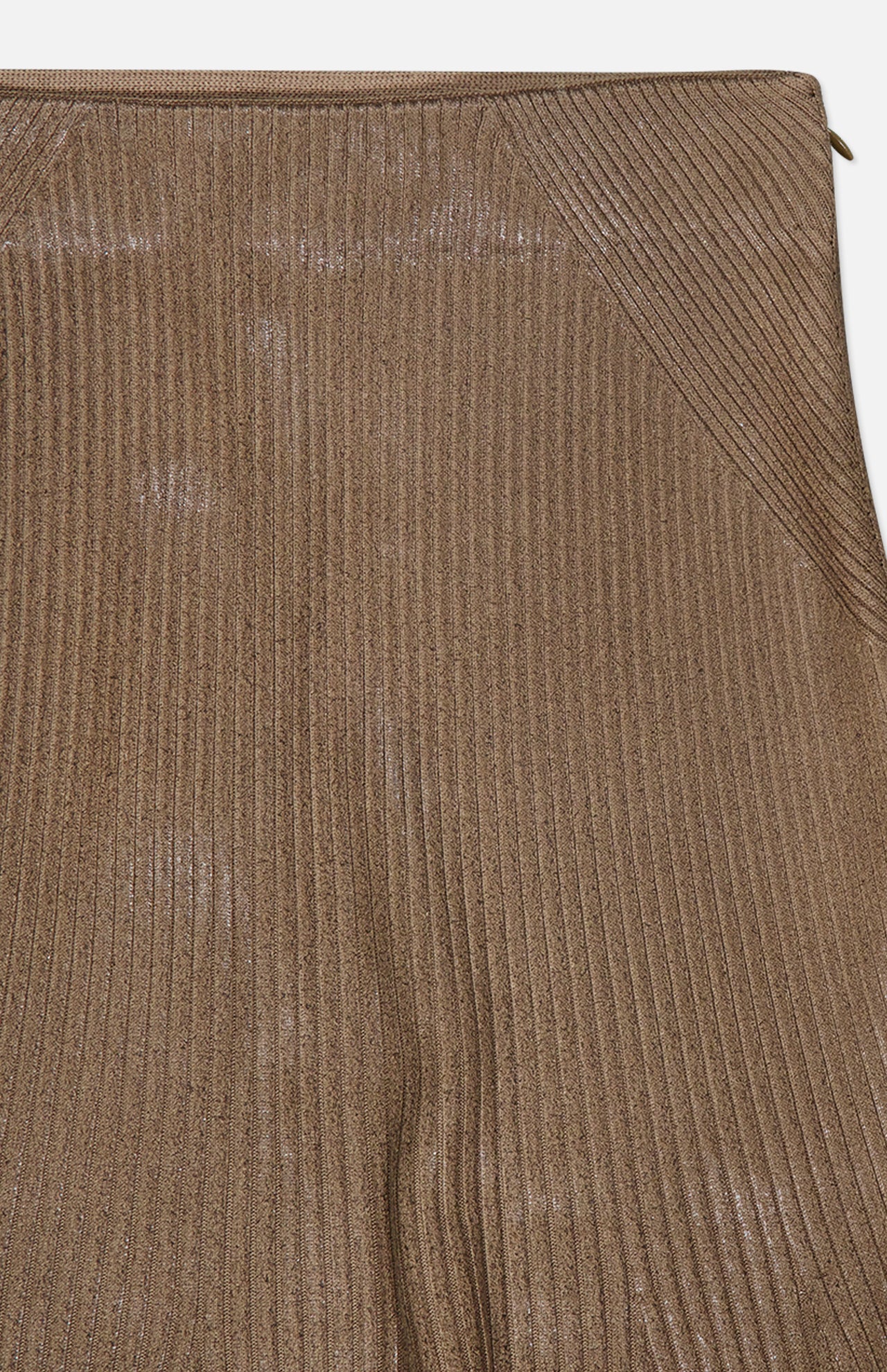 Close-up of the Adrianna Silk Skirt by RALPH LAUREN COLLECTION, showcasing its ribbed brown silk fabric with a metallic sheen and diagonal stitching detail on the top right side.