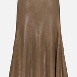 The Adrianna Silk Skirt by RALPH LAUREN COLLECTION is a brown metallic pleated skirt with a flared, midi-length silhouette, displayed against a plain white background. Crafted from a luxurious silk blend, it features a shiny, textured finish and vertical ribbing that accentuates its refined ribbed motif.