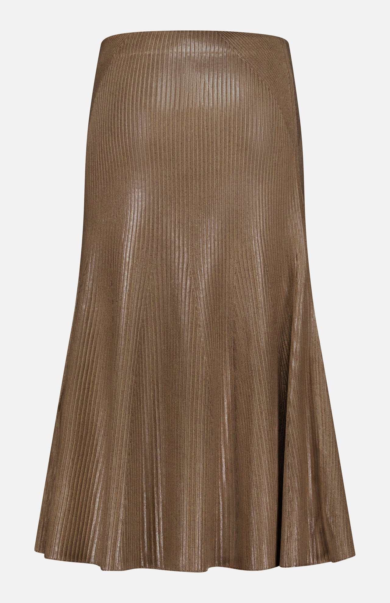 The Adrianna Silk Skirt by RALPH LAUREN COLLECTION is a brown metallic pleated skirt with a flared, midi-length silhouette, displayed against a plain white background. Crafted from a luxurious silk blend, it features a shiny, textured finish and vertical ribbing that accentuates its refined ribbed motif.