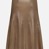 The Adrianna Silk Skirt by RALPH LAUREN COLLECTION is a shiny, gold-brown, A-line midi skirt crafted from a silk blend with a vertical ribbed texture, shown against a white background.