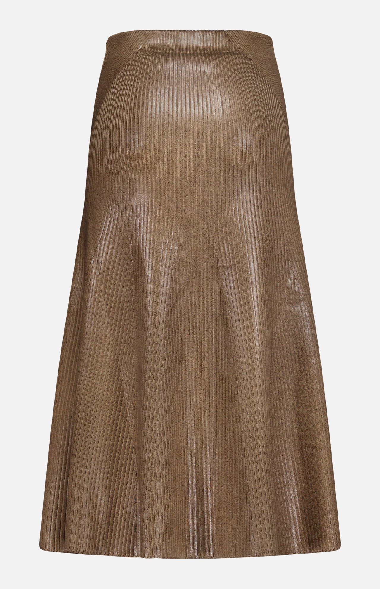 The Adrianna Silk Skirt by RALPH LAUREN COLLECTION is a shiny, gold-brown, A-line midi skirt crafted from a silk blend with a vertical ribbed texture, shown against a white background.