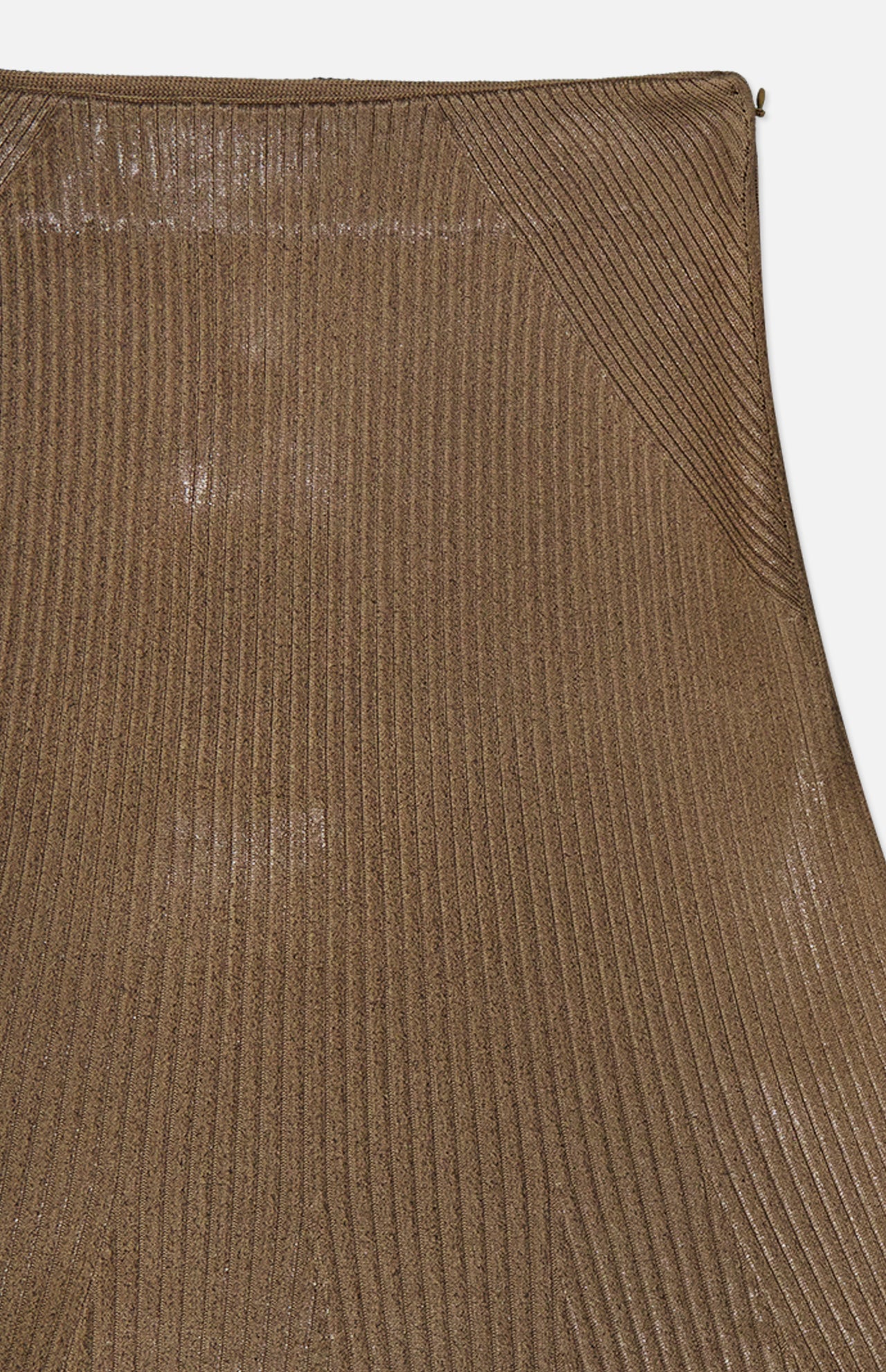 Close-up of the Adrianna Silk Skirt from RALPH LAUREN COLLECTION, featuring dark brown metallic pleated silk-blend fabric with diagonal panels at the top and a side zipper, showcasing its ribbed motif and shimmering finish.