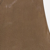Close-up of the Adrianna Silk Skirt by RALPH LAUREN COLLECTION, showcasing its dark brown, ribbed, metallic-textured fabric with diagonal and vertical lines that form a subtle geometric pattern.