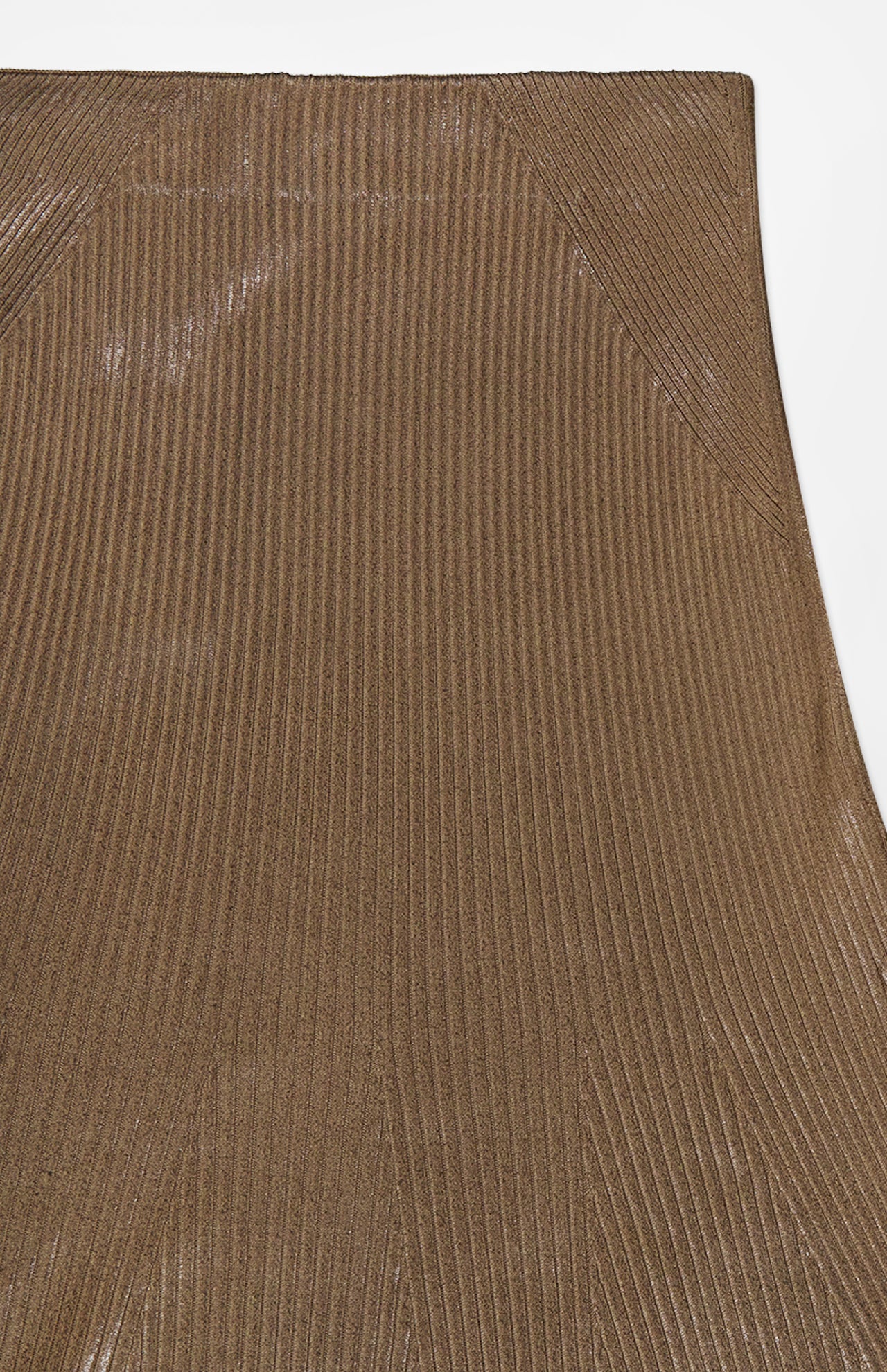 Close-up of the Adrianna Silk Skirt by RALPH LAUREN COLLECTION, showcasing its dark brown, ribbed, metallic-textured fabric with diagonal and vertical lines that form a subtle geometric pattern.