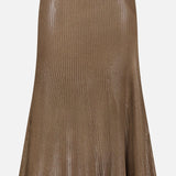 The Adrianna Silk Skirt by RALPH LAUREN COLLECTION features a metallic bronze hue with an A-line silhouette, showcasing fine vertical ribbing and a subtle sheen.