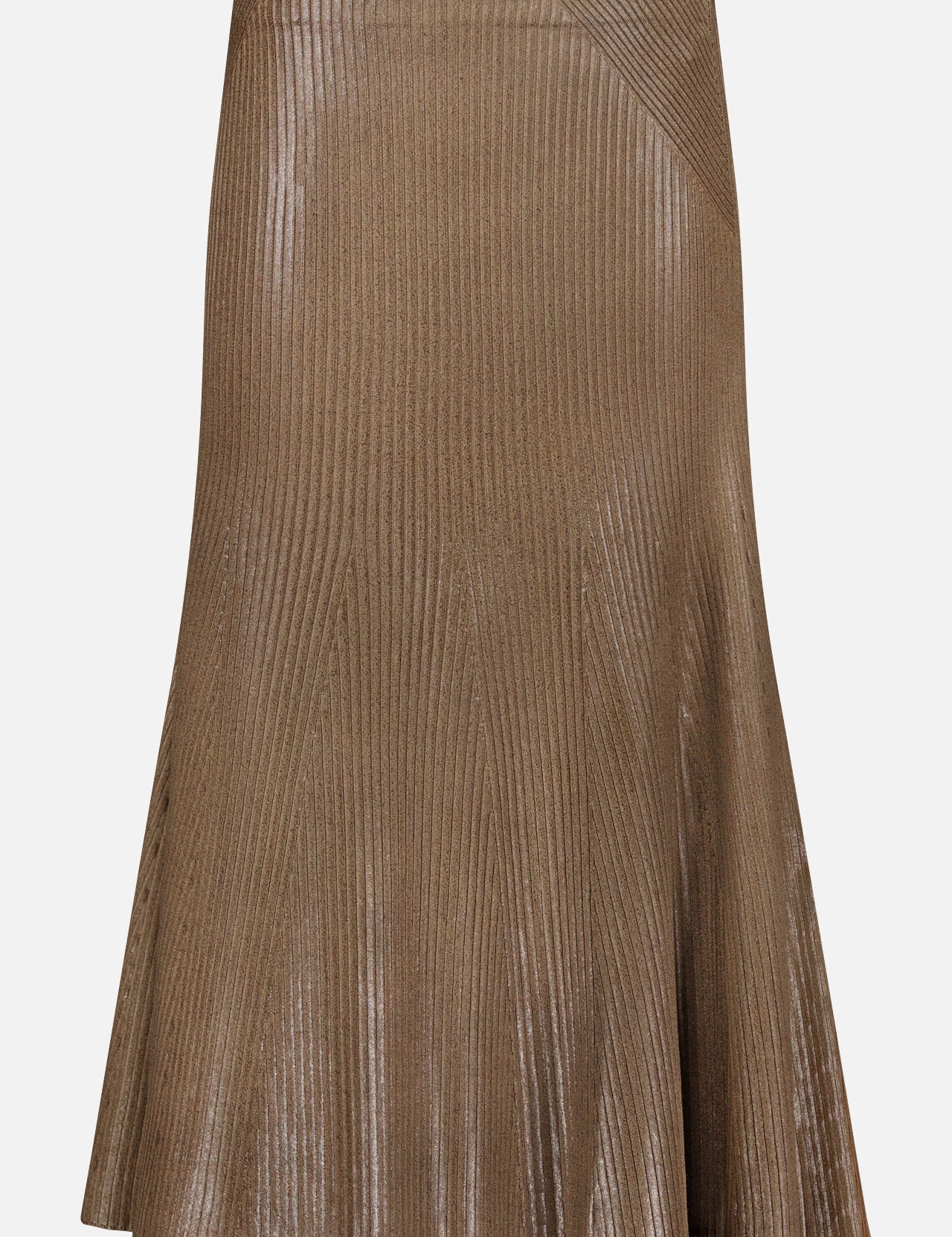 The Adrianna Silk Skirt by RALPH LAUREN COLLECTION features a metallic bronze hue with an A-line silhouette, showcasing fine vertical ribbing and a subtle sheen.