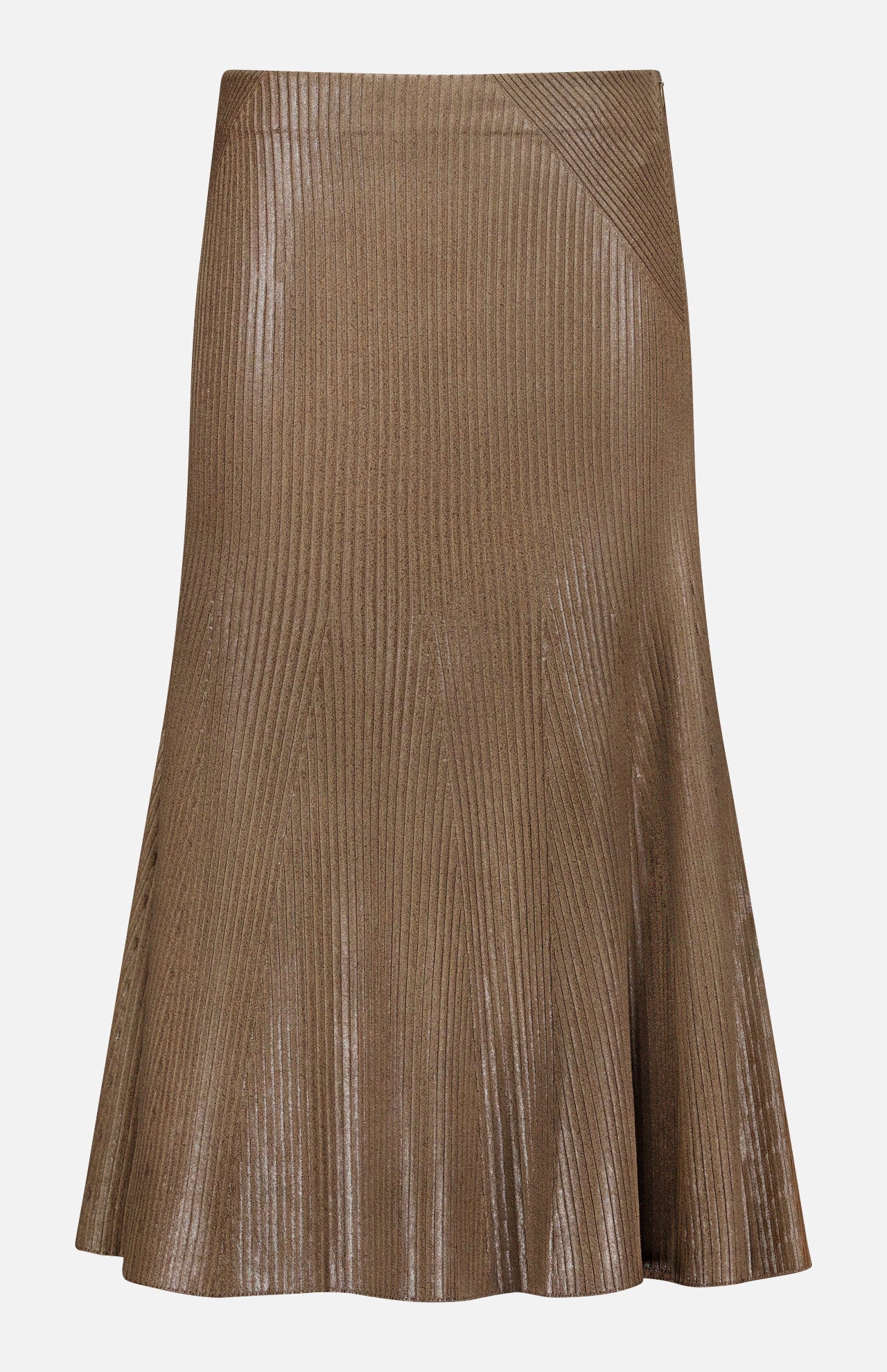 The Adrianna Silk Skirt by RALPH LAUREN COLLECTION features a metallic bronze hue with an A-line silhouette, showcasing fine vertical ribbing and a subtle sheen.
