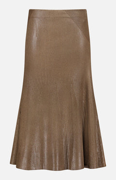 The Adrianna Silk Skirt by RALPH LAUREN COLLECTION features a metallic bronze hue with an A-line silhouette, showcasing fine vertical ribbing and a subtle sheen.