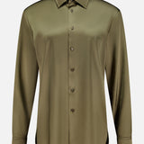 The Adrien Satin Long Sleeve Button Front Shirt from RALPH LAUREN COLLECTION features a silky olive green finish, classic collar, buttoned cuffs, relaxed fit, and is displayed on a plain white background.
