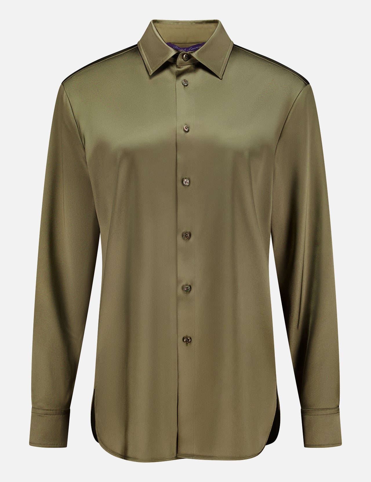 The Adrien Satin Long Sleeve Button Front Shirt from RALPH LAUREN COLLECTION features a silky olive green finish, classic collar, buttoned cuffs, relaxed fit, and is displayed on a plain white background.