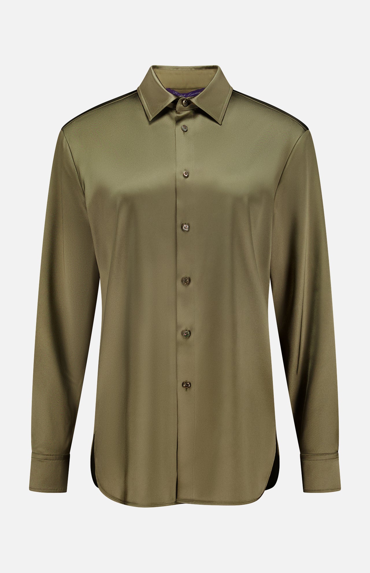 The Adrien Satin Long Sleeve Button Front Shirt from RALPH LAUREN COLLECTION features a silky olive green finish, classic collar, buttoned cuffs, relaxed fit, and is displayed on a plain white background.