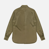 Adrien Satin Long Sleeve Button Front Shirt by RALPH LAUREN COLLECTION shown from the back in olive green, featuring a classic collar, buttoned cuffs, and curved hem with a silky smooth finish, laid flat on a white background.
