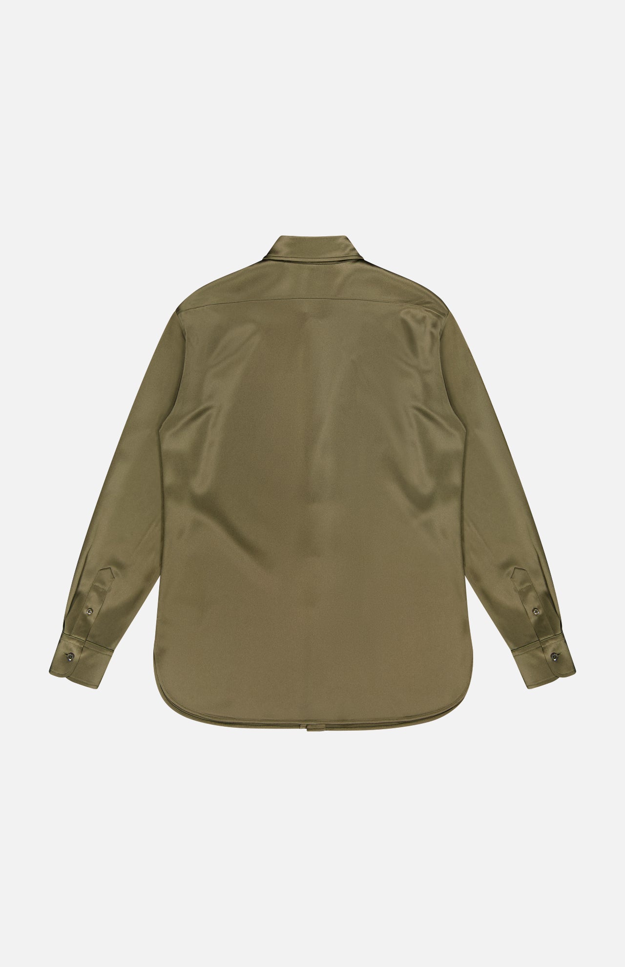 Adrien Satin Long Sleeve Button Front Shirt by RALPH LAUREN COLLECTION shown from the back in olive green, featuring a classic collar, buttoned cuffs, and curved hem with a silky smooth finish, laid flat on a white background.